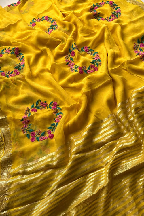 Load image into Gallery viewer, Beleaguer Yellow Embroidery Work Viscose Georgette Saree With Delightful Blouse Piece
