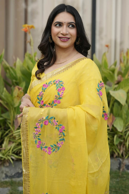 Beleaguer Yellow Embroidery Work Viscose Georgette Saree With Delightful Blouse Piece