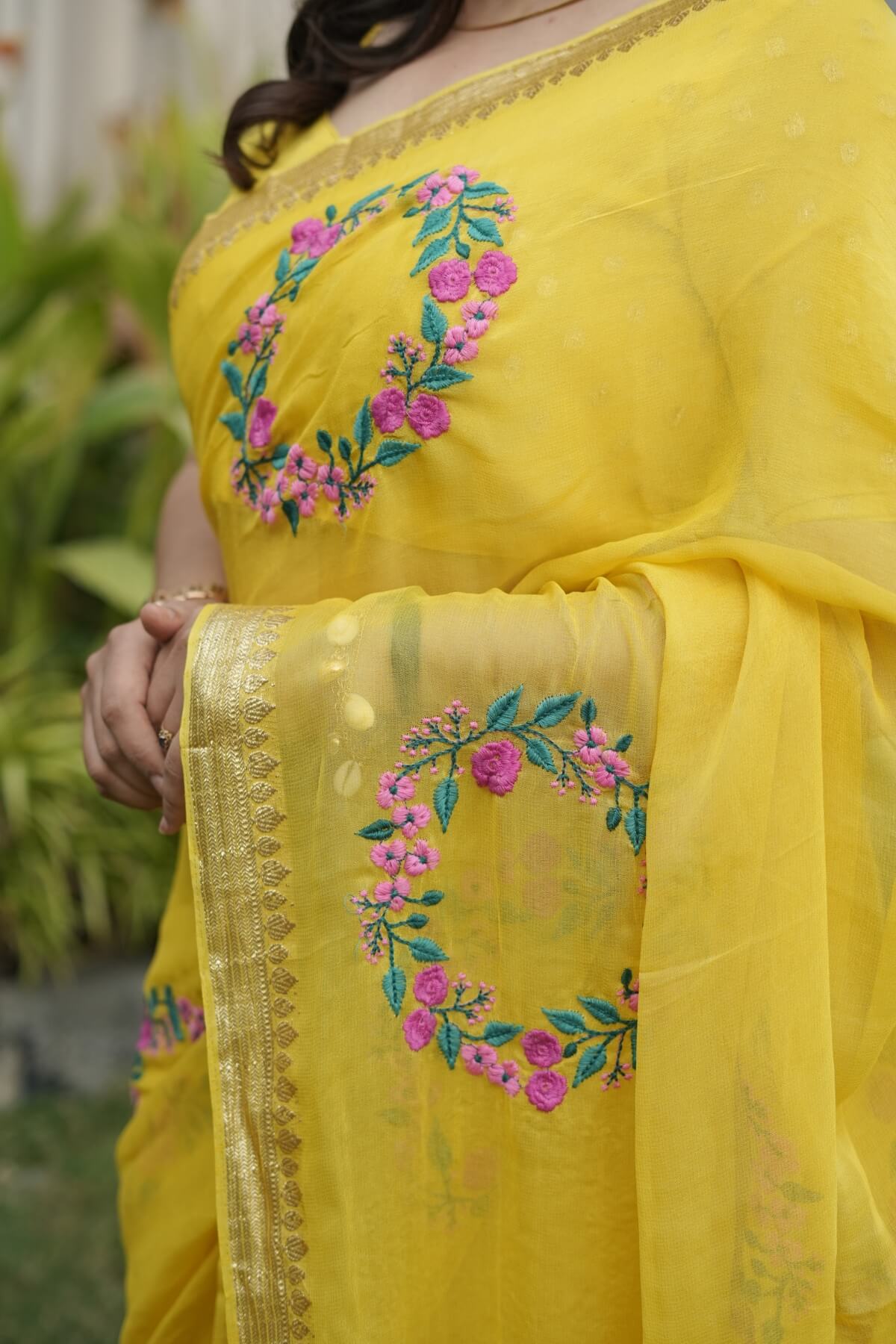 Beleaguer Yellow Embroidery Work Viscose Georgette Saree With Delightful Blouse Piece
