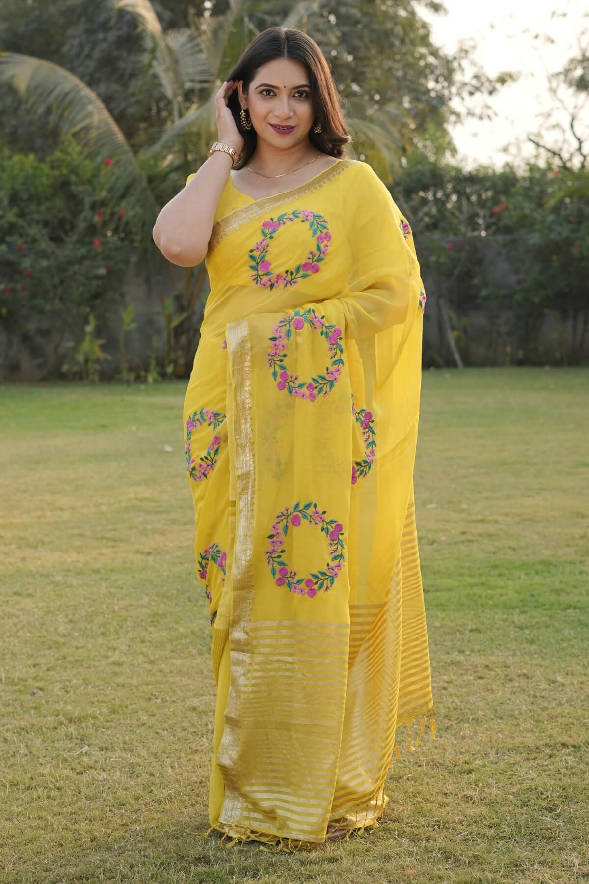 Beleaguer Yellow Embroidery Work Viscose Georgette Saree With Delightful Blouse Piece