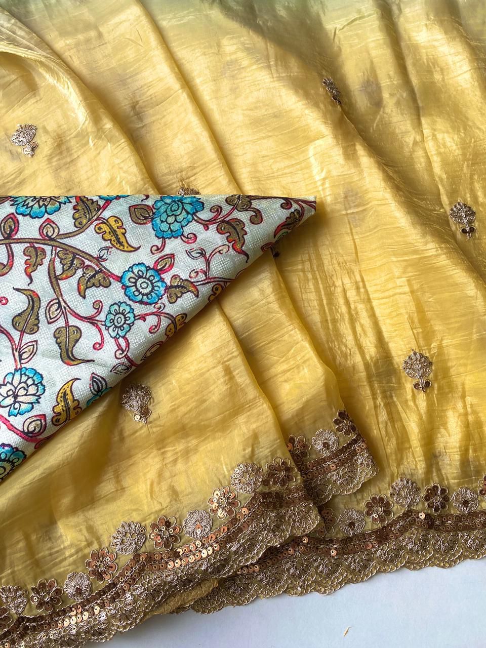 Ebullience Yellow and Firozi Sequence Work Crush Silk Saree With Staring Blouse Piece