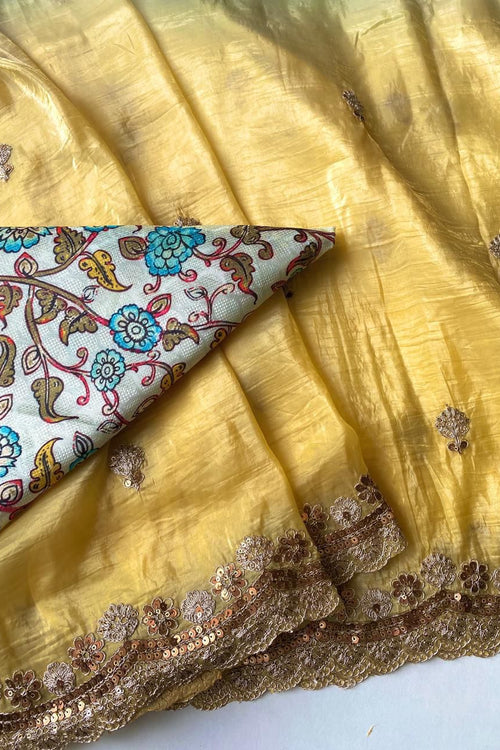 Load image into Gallery viewer, Ebullience Yellow and Firozi Sequence Work Crush Silk Saree With Staring Blouse Piece
