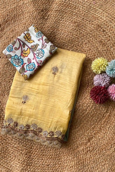 Ebullience Yellow and Firozi Sequence Work Crush Silk Saree With Staring Blouse Piece