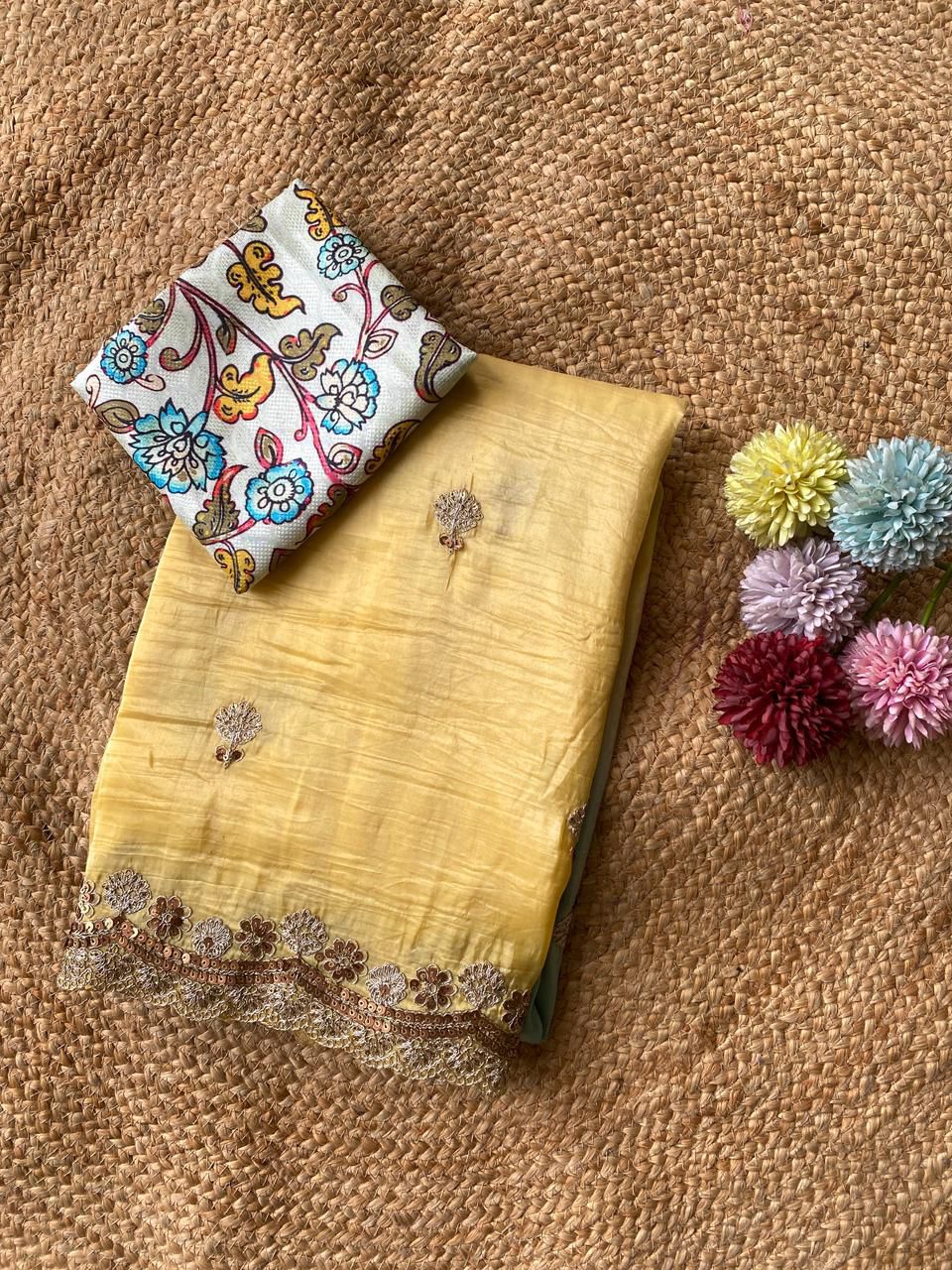 Ebullience Yellow and Firozi Sequence Work Crush Silk Saree With Staring Blouse Piece