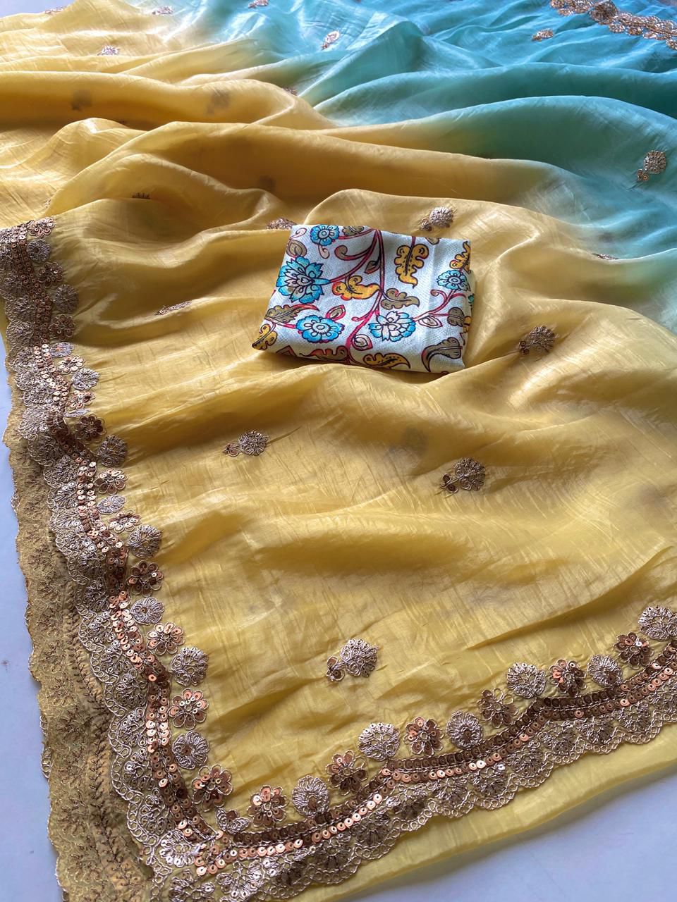 Ebullience Yellow and Firozi Sequence Work Crush Silk Saree With Staring Blouse Piece