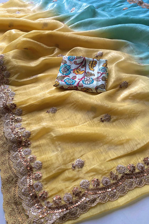 Load image into Gallery viewer, Ebullience Yellow and Firozi Sequence Work Crush Silk Saree With Staring Blouse Piece
