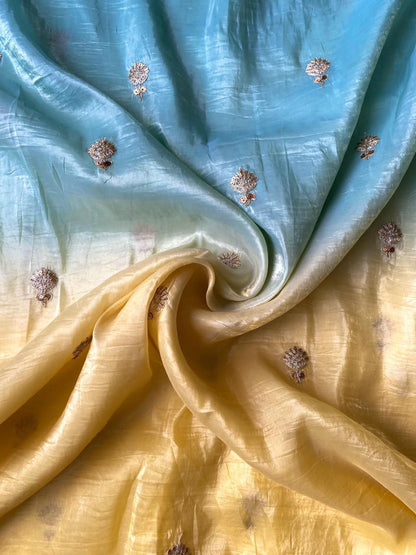Ebullience Yellow and Firozi Sequence Work Crush Silk Saree With Staring Blouse Piece