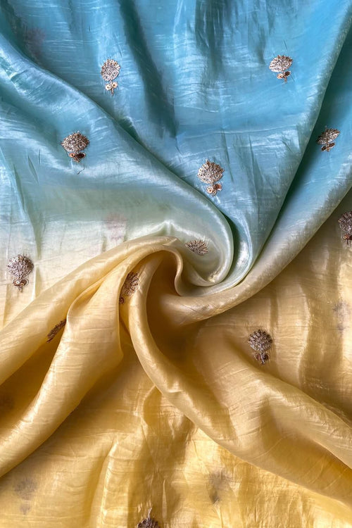 Load image into Gallery viewer, Ebullience Yellow and Firozi Sequence Work Crush Silk Saree With Staring Blouse Piece
