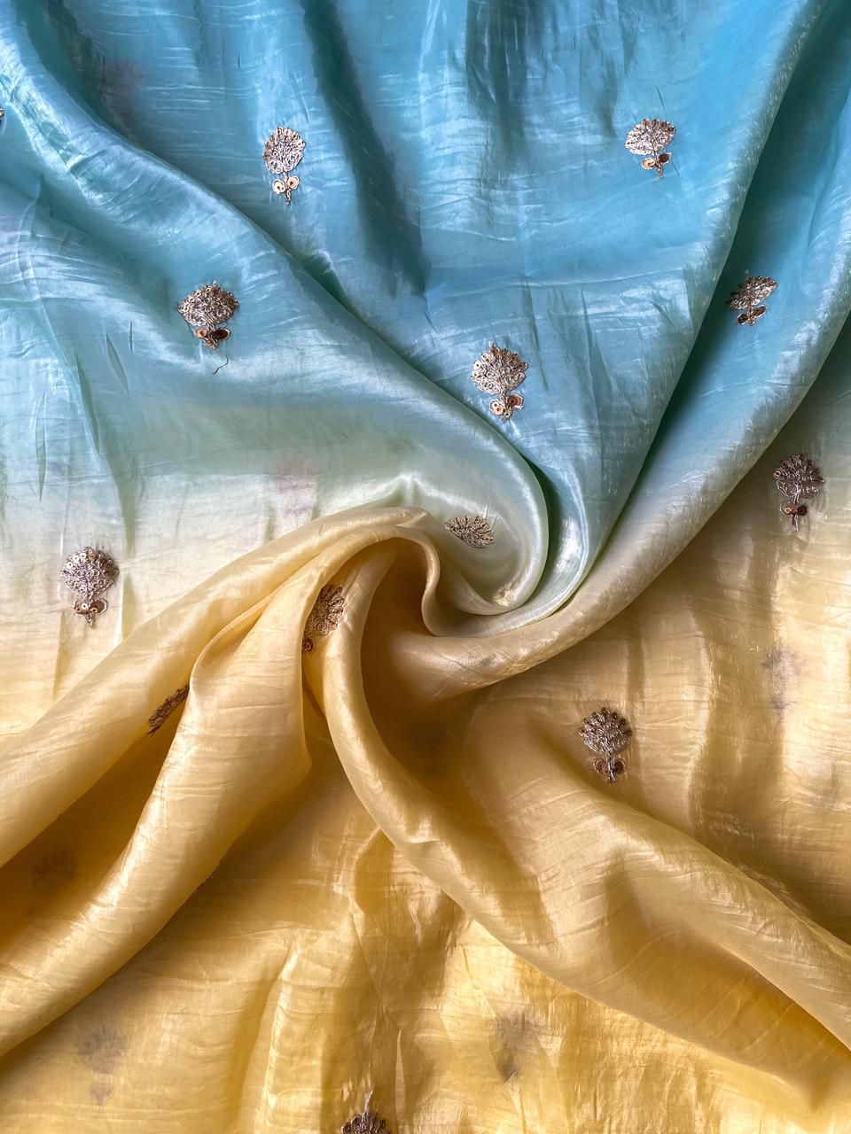 Ebullience Yellow and Firozi Sequence Work Crush Silk Saree With Staring Blouse Piece