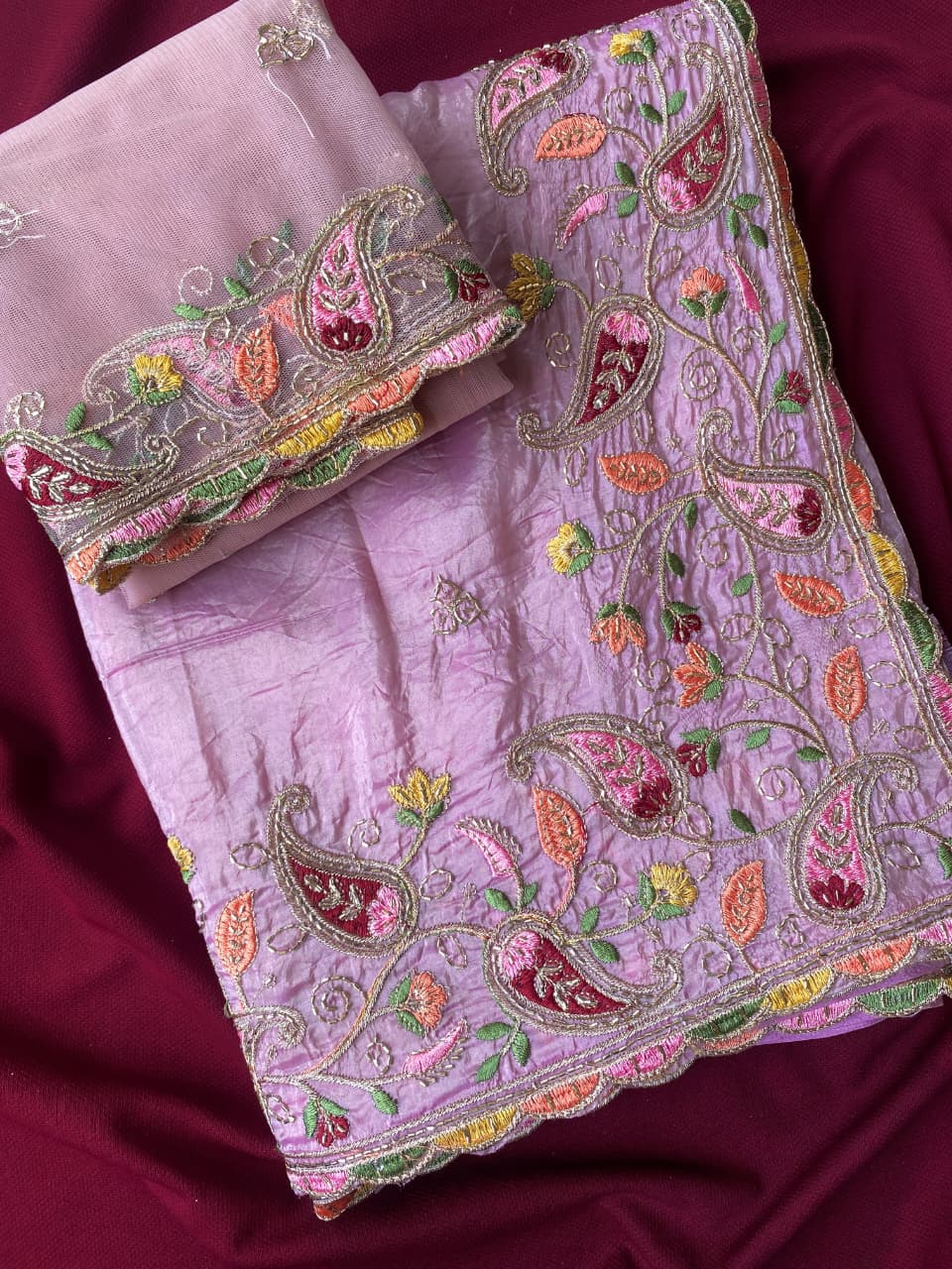 Radiant Lavender Embroidery Work Crush Silk Saree With Delightful Blouse Piece