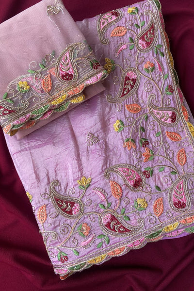 Radiant Lavender Embroidery Work Crush Silk Saree With Delightful Blouse Piece