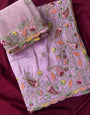 Radiant Lavender Embroidery Work Crush Silk Saree With Delightful Blouse Piece