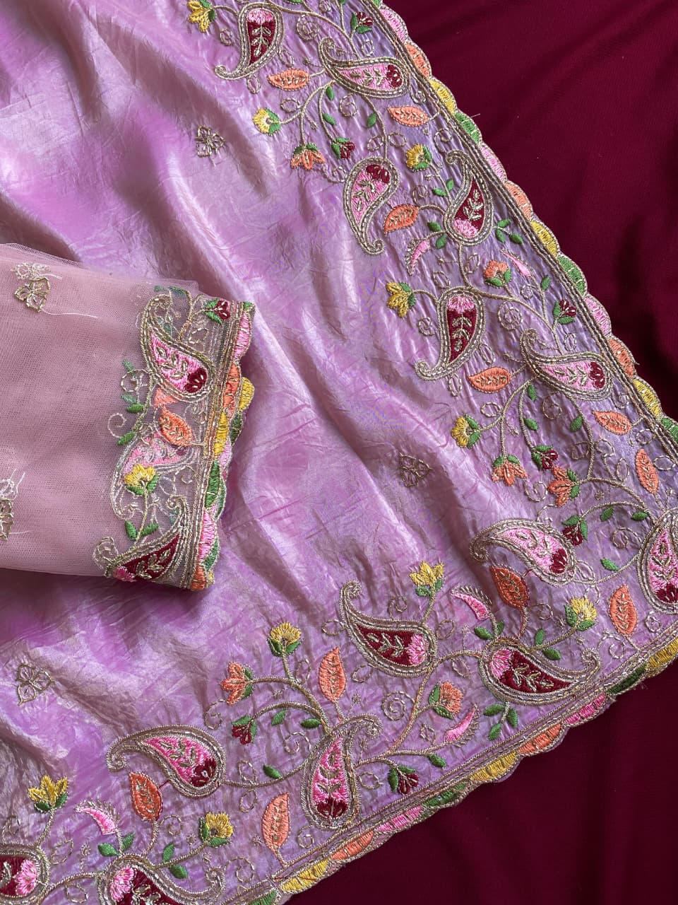 Radiant Lavender Embroidery Work Crush Silk Saree With Delightful Blouse Piece