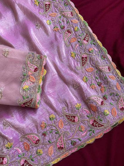 Radiant Lavender Embroidery Work Crush Silk Saree With Delightful Blouse Piece