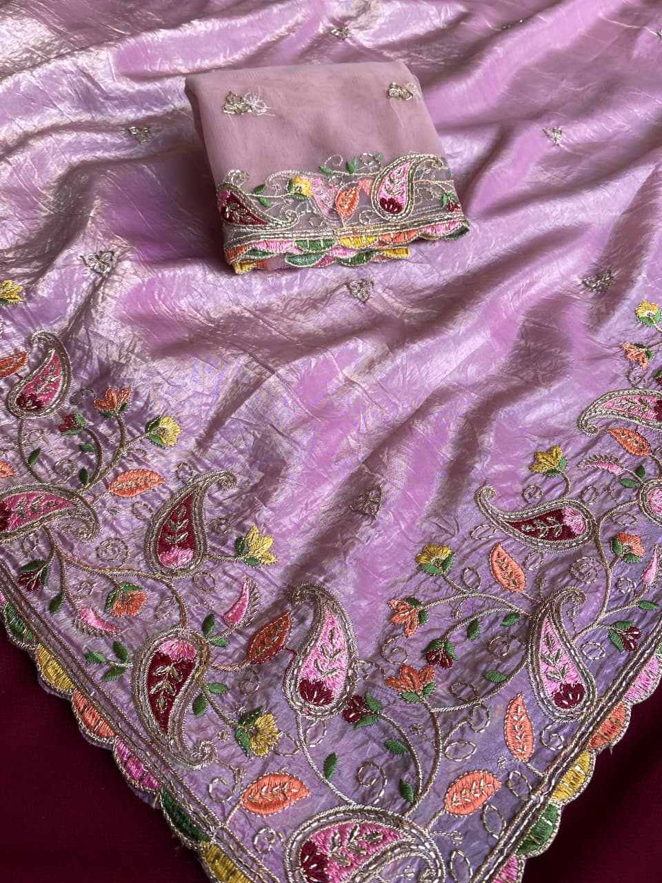 Radiant Lavender Embroidery Work Crush Silk Saree With Delightful Blouse Piece