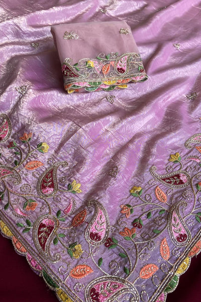 Radiant Lavender Embroidery Work Crush Silk Saree With Delightful Blouse Piece