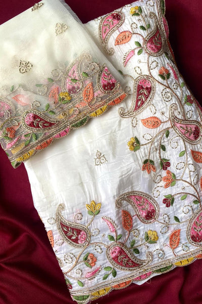 Exuberant Off White Embroidery Work Crush Silk Saree With Smart Blouse Piece