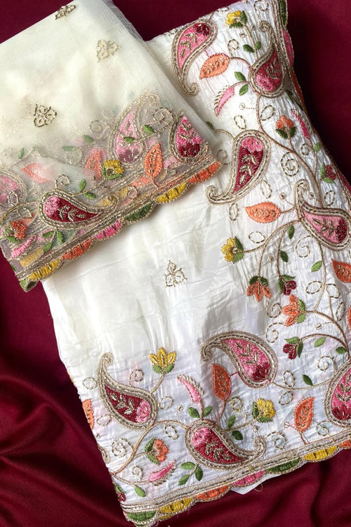 Load image into Gallery viewer, Exuberant Off White Embroidery Work Crush Silk Saree With Smart Blouse Piece
