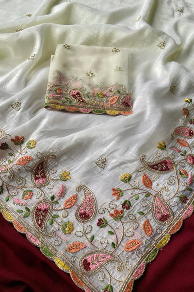Exuberant Off White Embroidery Work Crush Silk Saree With Smart Blouse Piece