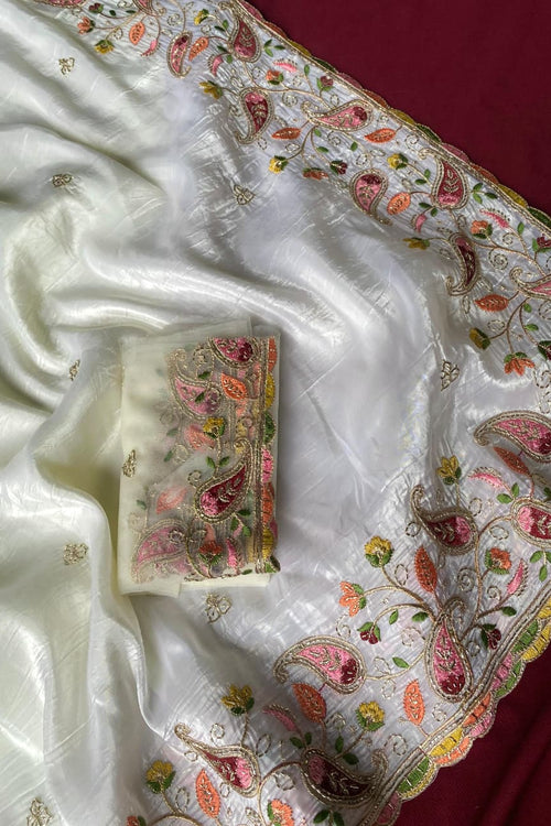 Load image into Gallery viewer, Exuberant Off White Embroidery Work Crush Silk Saree With Smart Blouse Piece
