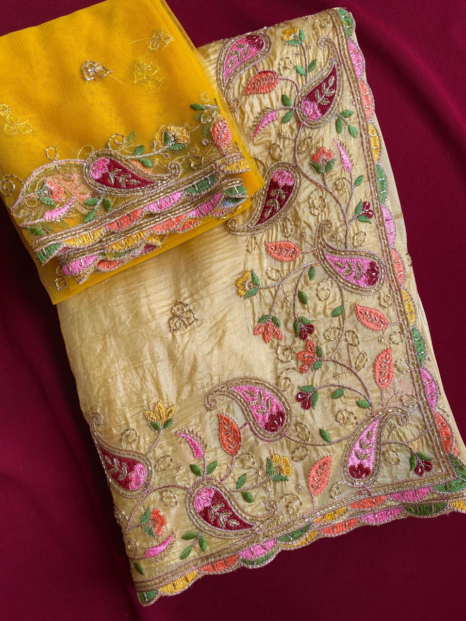 Cynosure Yellow Embroidery Work Crush Silk Saree With Desultory Blouse Piece