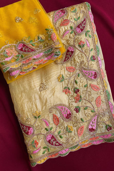 Cynosure Yellow Embroidery Work Crush Silk Saree With Desultory Blouse Piece