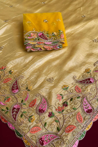 Cynosure Yellow Embroidery Work Crush Silk Saree With Desultory Blouse Piece