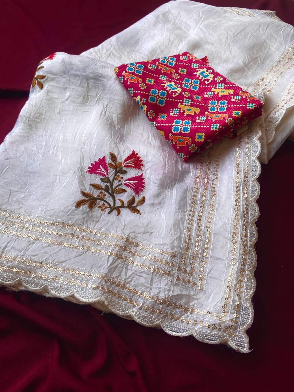 Sumptuous Off White Sequins Work Crush Silk Saree With Staggering Blouse Piece