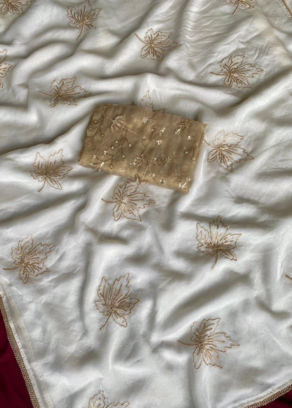 Gratifying Off White Sequins Work Chinon Silk Saree With Entrancing Blouse Piece