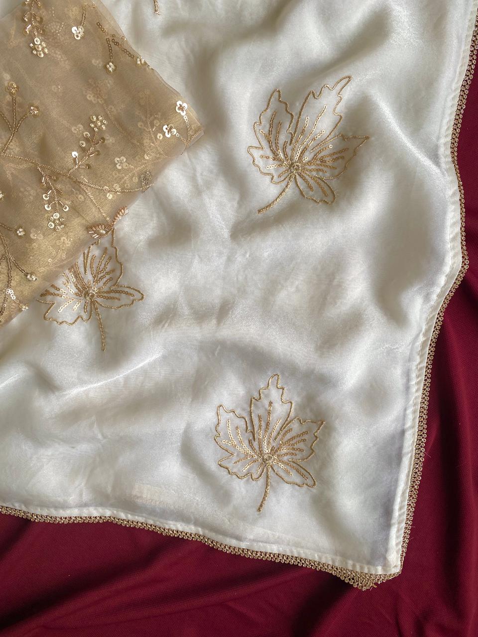 Gratifying Off White Sequins Work Chinon Silk Saree With Entrancing Blouse Piece