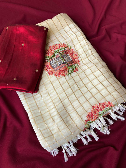 Nebula Off White Embroidery Work Viscose Georgette Saree With Flaunt Blouse Piece