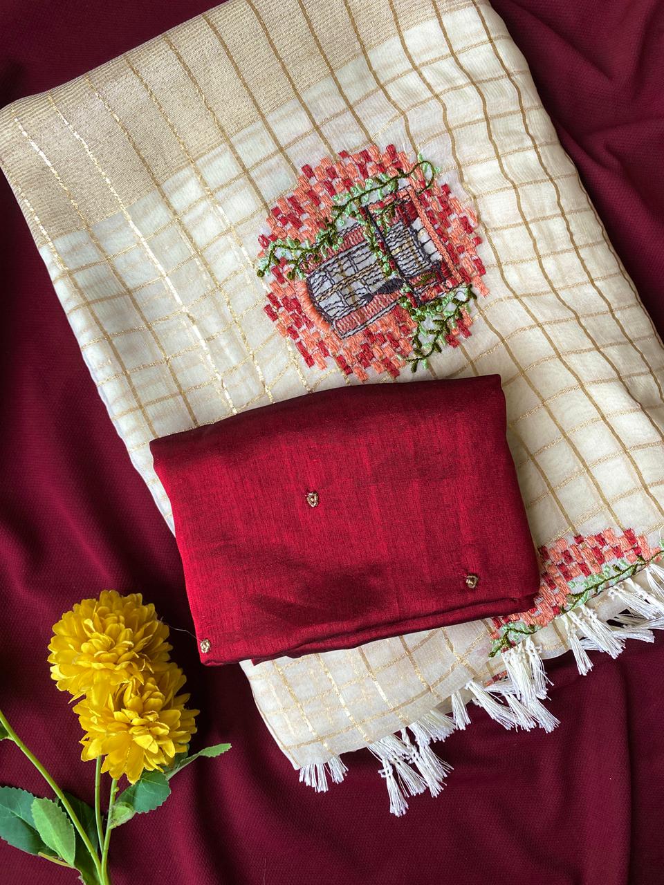 Nebula Off White Embroidery Work Viscose Georgette Saree With Flaunt Blouse Piece