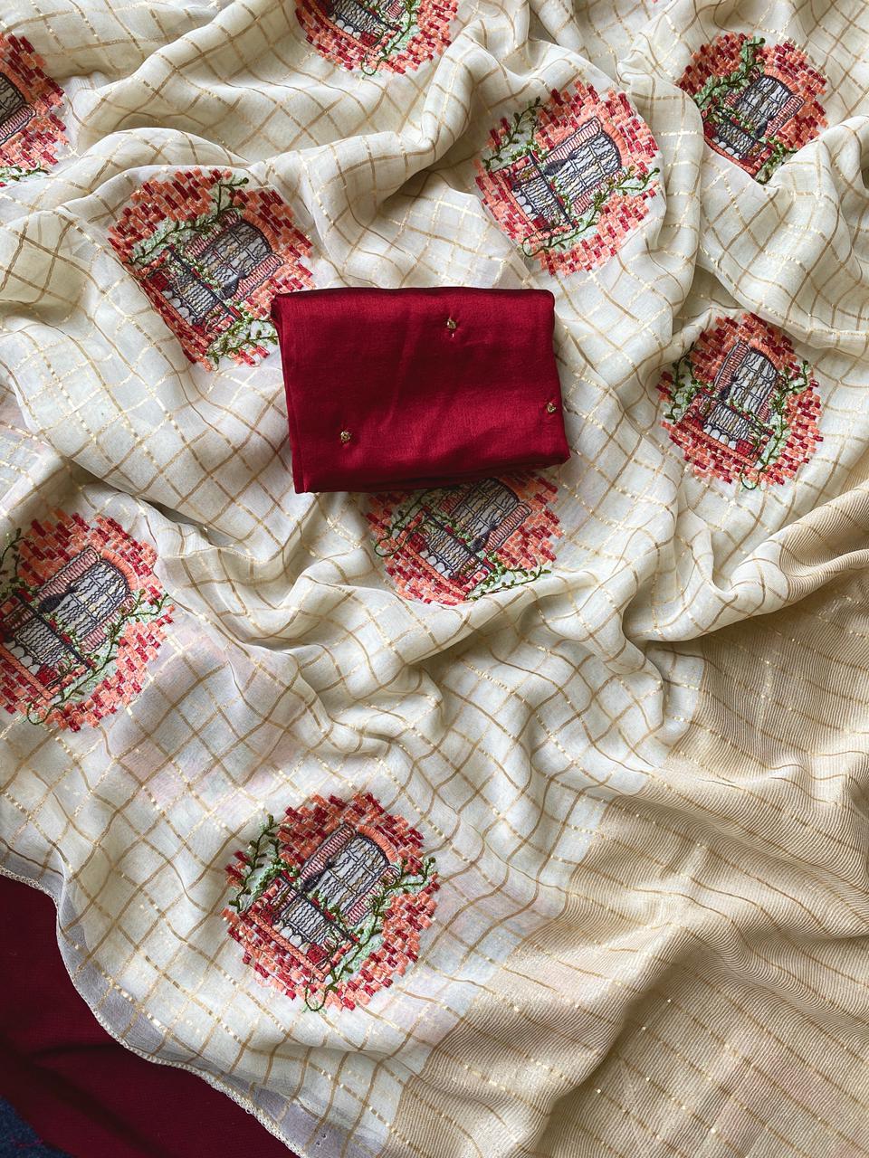 Nebula Off White Embroidery Work Viscose Georgette Saree With Flaunt Blouse Piece