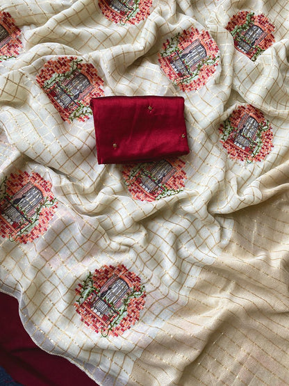 Nebula Off White Embroidery Work Viscose Georgette Saree With Flaunt Blouse Piece