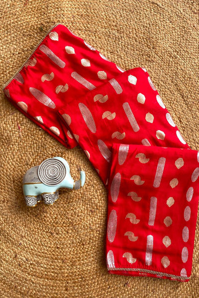 Eclat Red Banarasi Dola Silk Saree With Incredible Blouse Piece