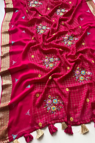 Delectable Dark Pink Embroidery Work Pure Georgette Saree With Classic Blouse Piece