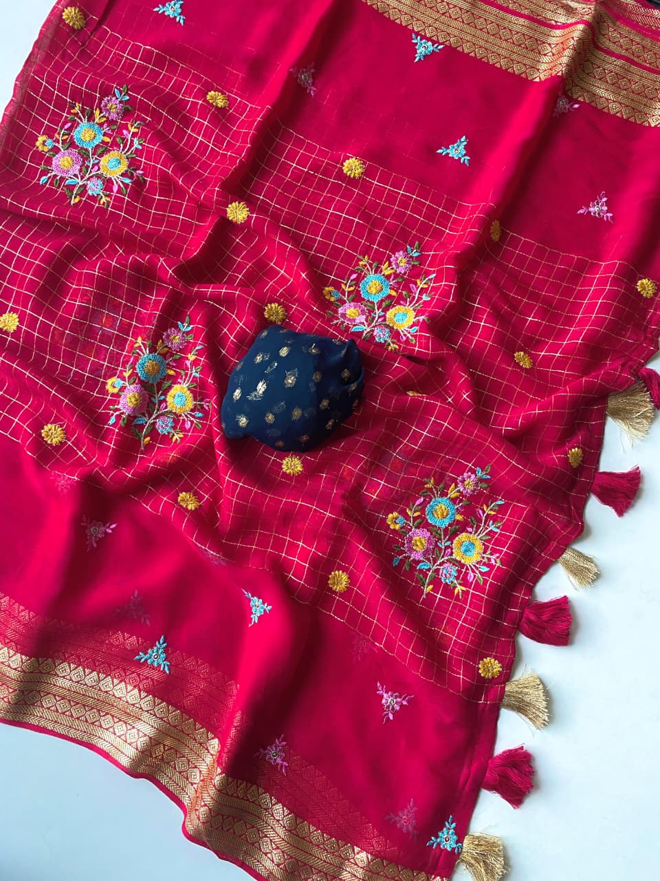 Delectable Dark Pink Embroidery Work Pure Georgette Saree With Classic Blouse Piece