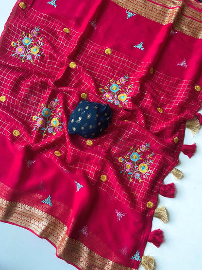 Delectable Dark Pink Embroidery Work Pure Georgette Saree With Classic Blouse Piece