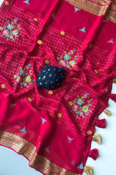 Delectable Dark Pink Embroidery Work Pure Georgette Saree With Classic Blouse Piece