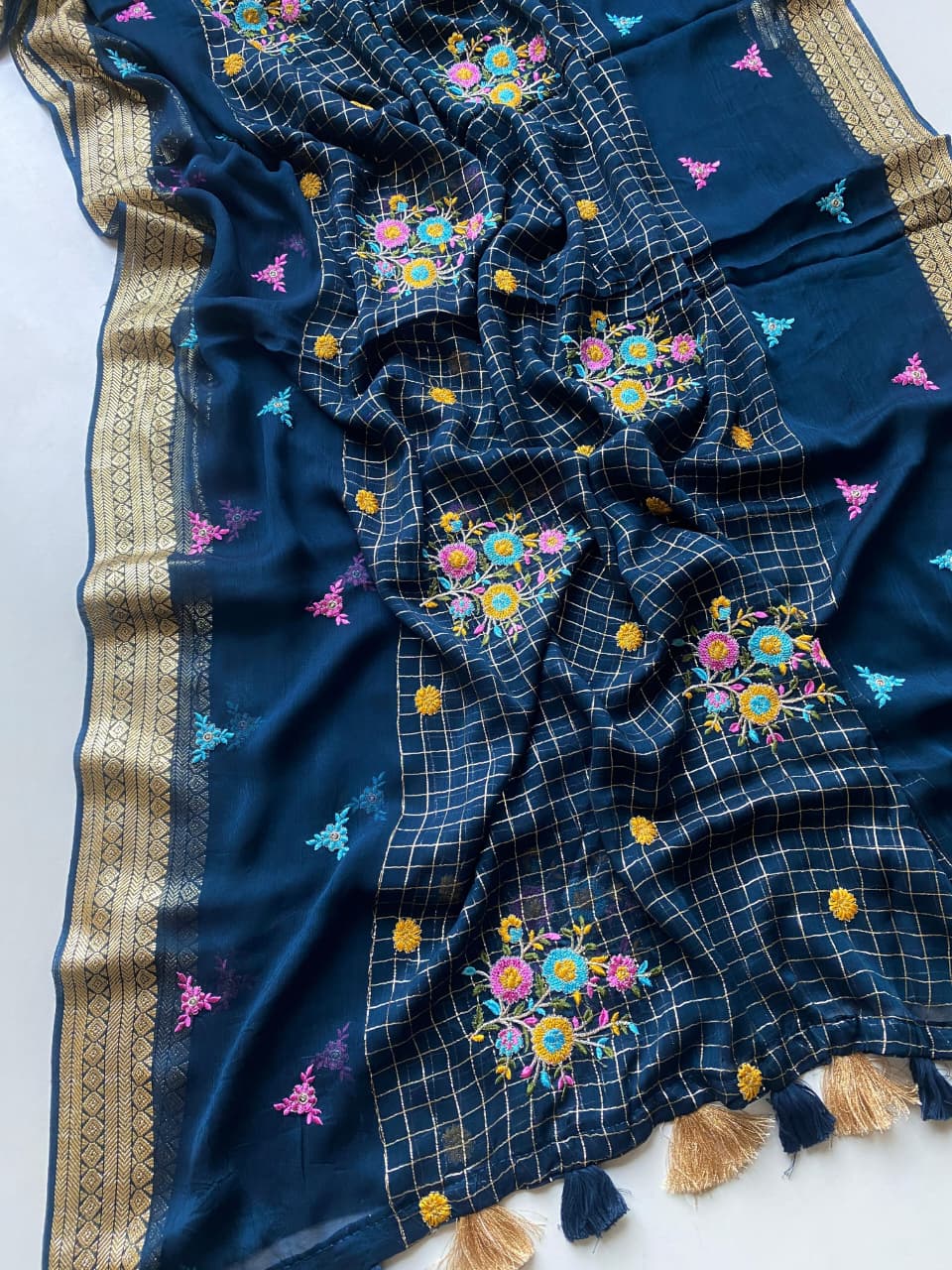 Quintessential Navy Blue Embroidery Work Pure Georgette Saree With Blooming Blouse Piece