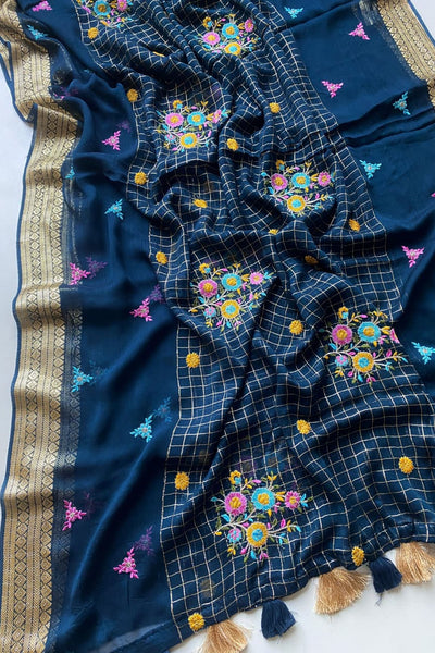 Quintessential Navy Blue Embroidery Work Pure Georgette Saree With Blooming Blouse Piece