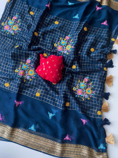 Quintessential Navy Blue Embroidery Work Pure Georgette Saree With Blooming Blouse Piece