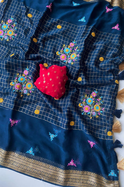 Quintessential Navy Blue Embroidery Work Pure Georgette Saree With Blooming Blouse Piece