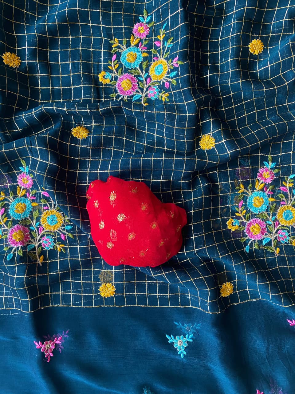 Quintessential Navy Blue Embroidery Work Pure Georgette Saree With Blooming Blouse Piece