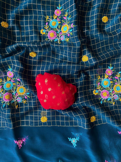 Quintessential Navy Blue Embroidery Work Pure Georgette Saree With Blooming Blouse Piece