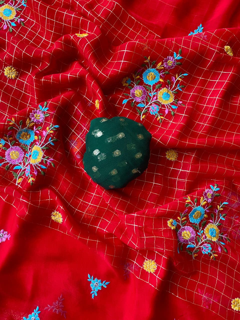 Most Stunning Red Embroidery Work Pure Georgette Saree With Opulent Blouse Piece