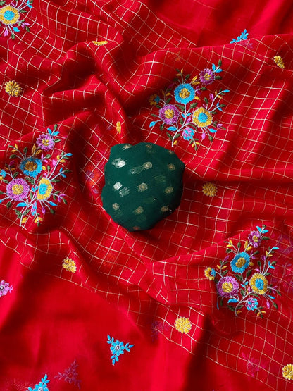 Most Stunning Red Embroidery Work Pure Georgette Saree With Opulent Blouse Piece