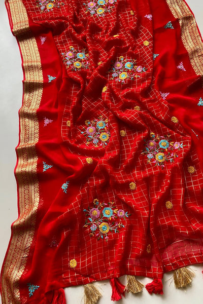 Most Stunning Red Embroidery Work Pure Georgette Saree With Opulent Blouse Piece
