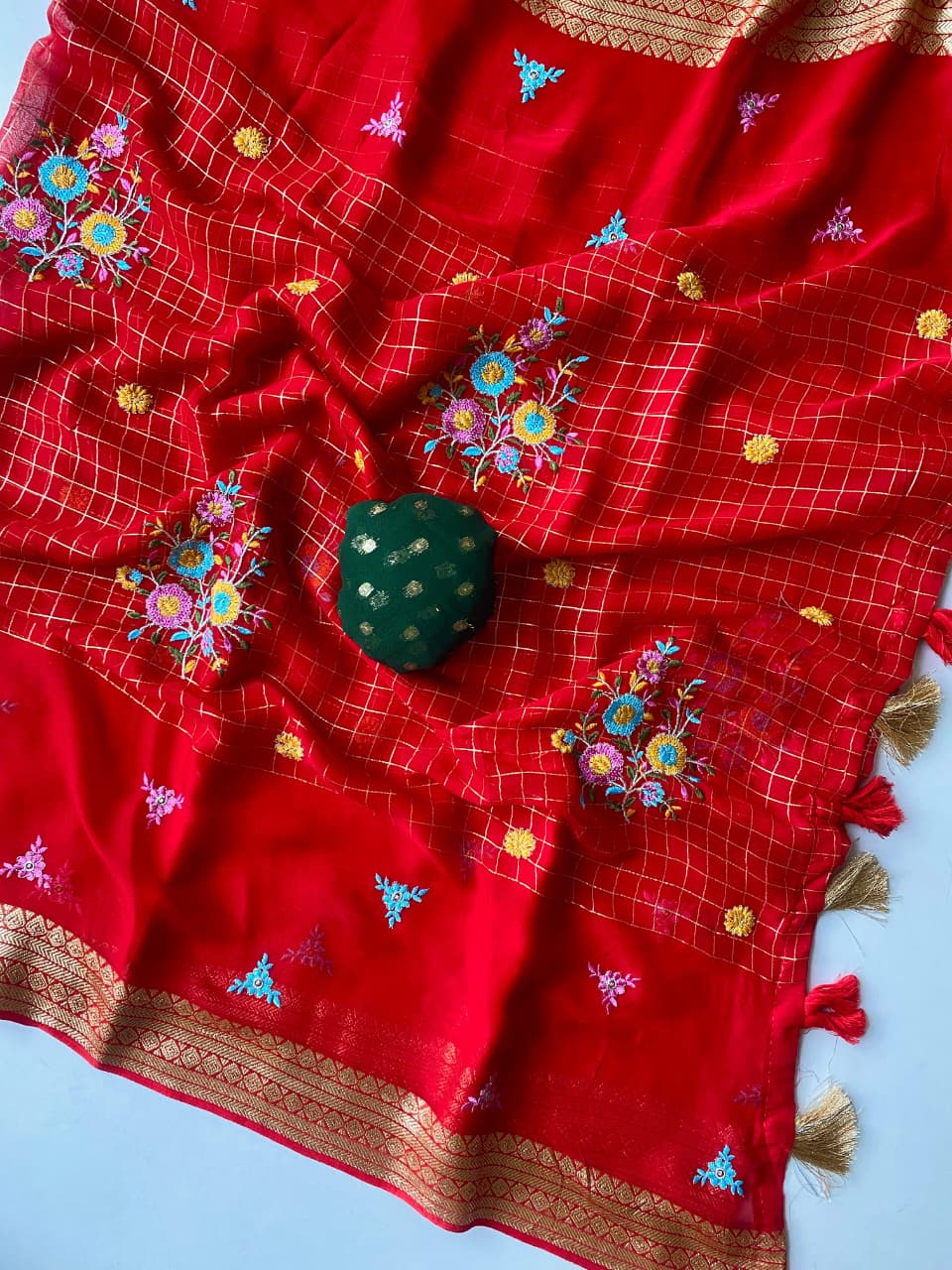 Most Stunning Red Embroidery Work Pure Georgette Saree With Opulent Blouse Piece