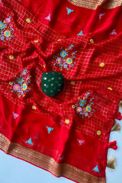 Most Stunning Red Embroidery Work Pure Georgette Saree With Opulent Blouse Piece
